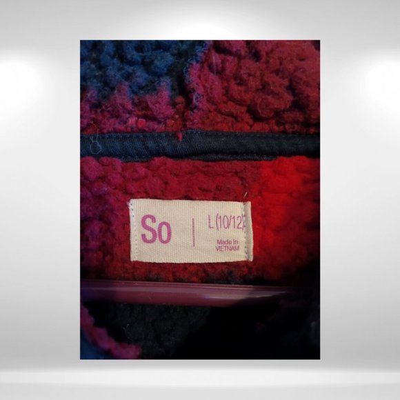 SO Girls Red & Black Cropped Sherpa Quarter Zip Plaid Hooded Pullover - Picture 3 of 5